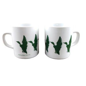 Goudchaux Maison Blanche Green Ducks Coffee Mugs Vintage 1980s Set 2
